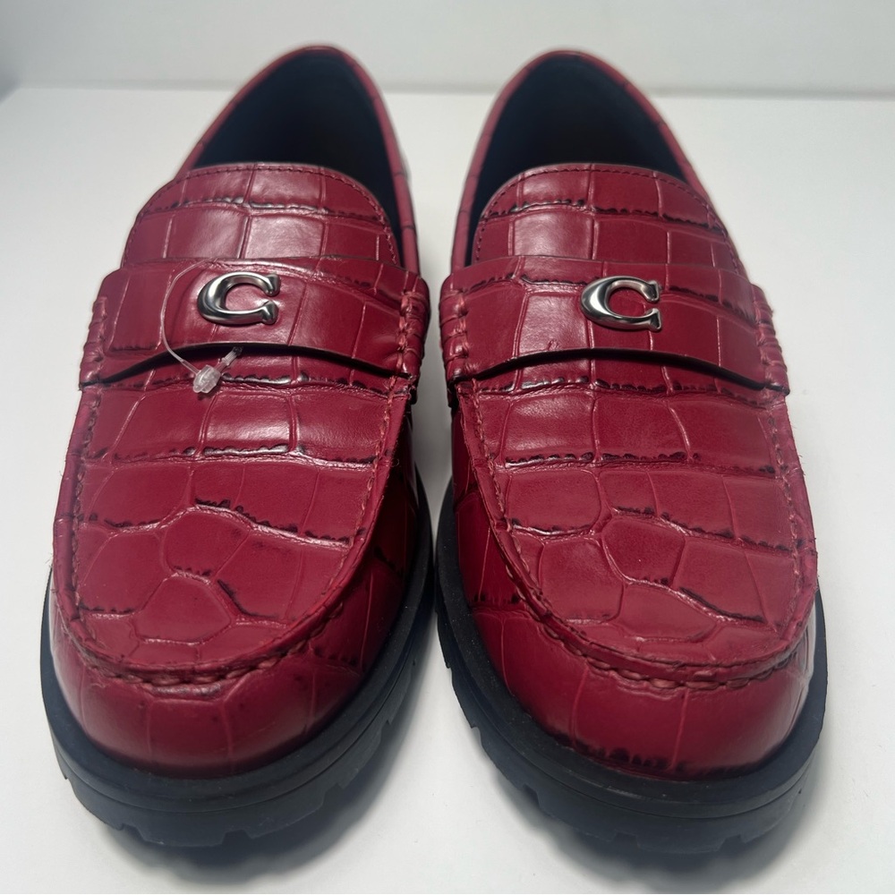 Coach Jocelyn Croc Embossed Dark Ruby Red Leather Slip On Penny Loafers Flats - Picture 8 of 13